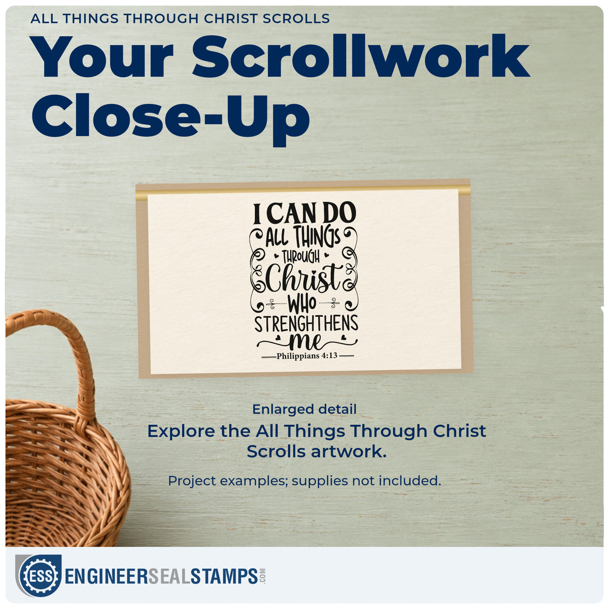 Enlarged detail of the All Things Through Christ Scrolls With Hearts Wood Handle Stamp imprint. Small hearts and side scrolls frame "I can do all things through Christ who strengthens me," with Philippians 4:13.