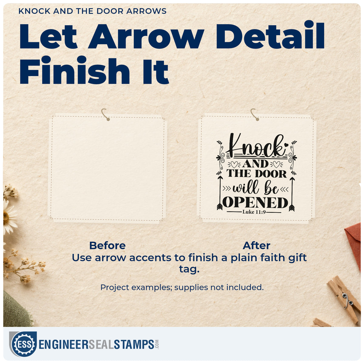 Before and after of a plain item finished with the Knock And The Door Arrows PSI Pre-Inked Stamp, a quick upgrade for realtor closing tags.