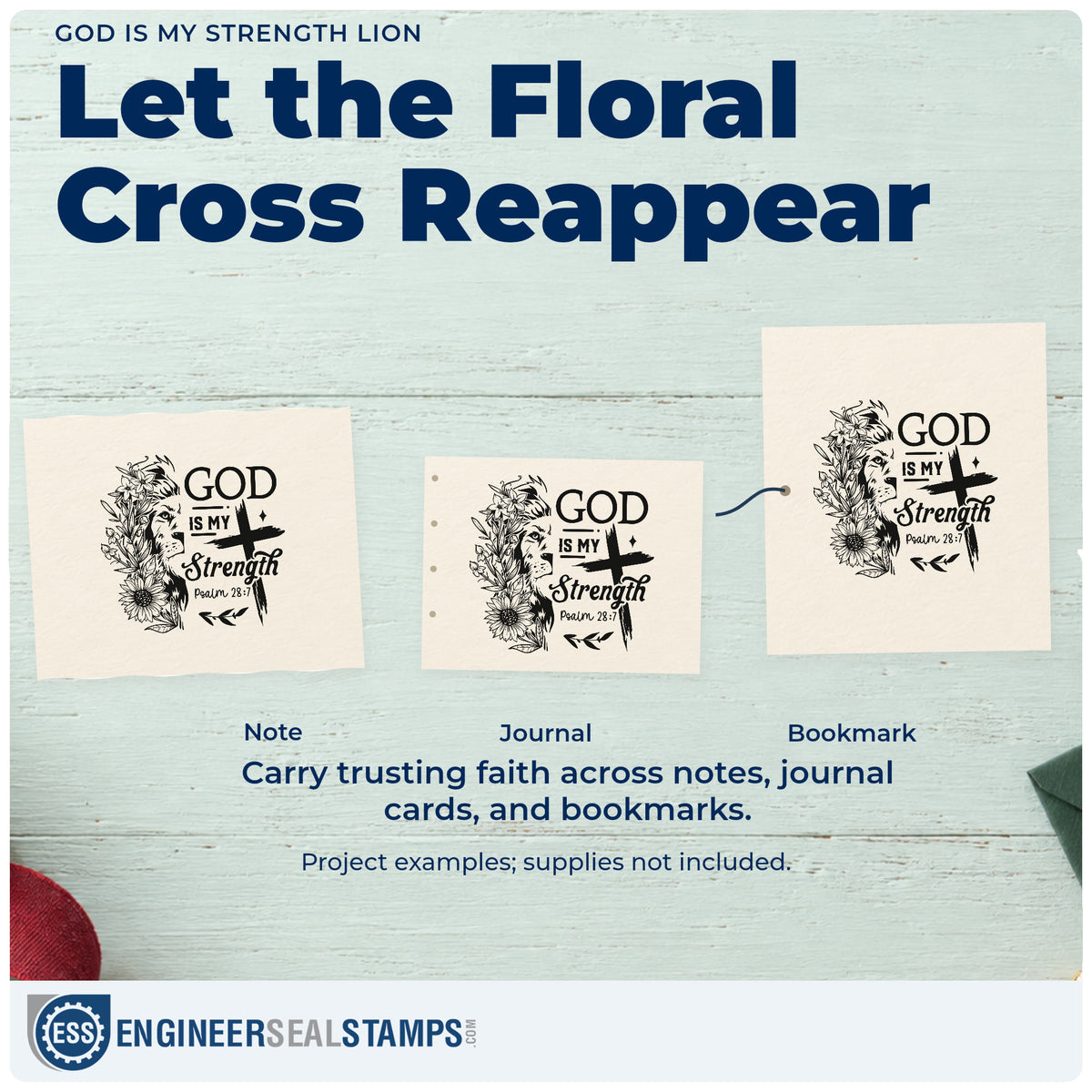 Three project examples made with the God Is My Strength Lion Hand Stamp – Duo, including strength pages.