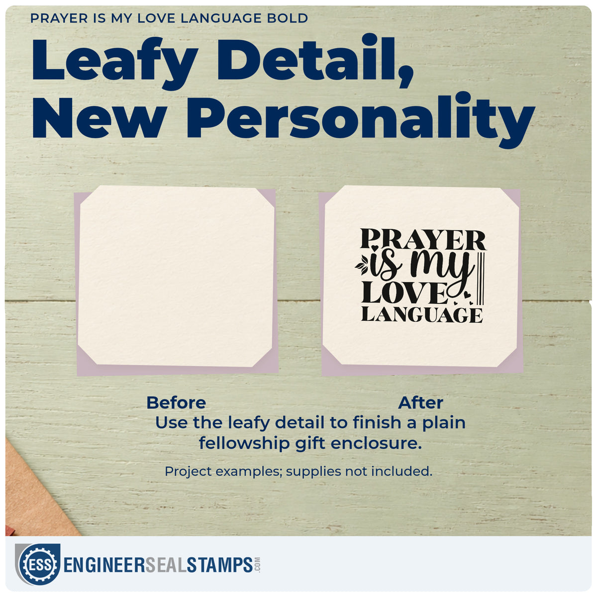 Before and after of a plain item finished with the Prayer Is My Love Language Bold PSI Pre-Inked Stamp, a quick upgrade for grandmother thank-yous.