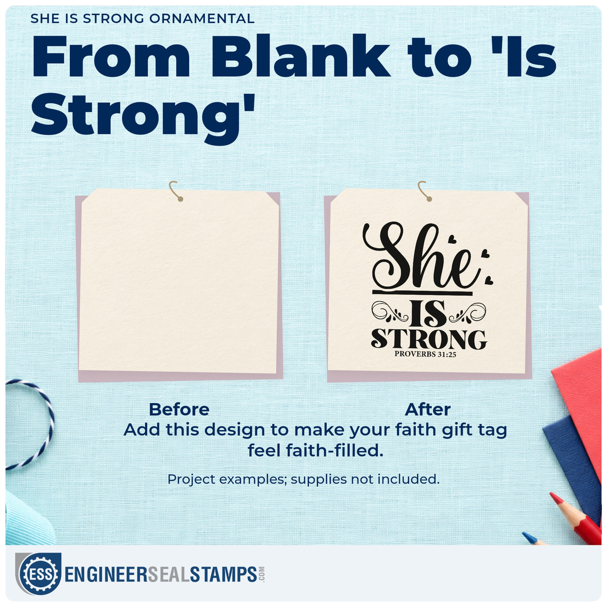 Before and after of a plain item finished with the She Is Strong Ornamental With Hearts Premium Wooden Stamp - Vintage Pro, a quick upgrade for survivor gift tags.