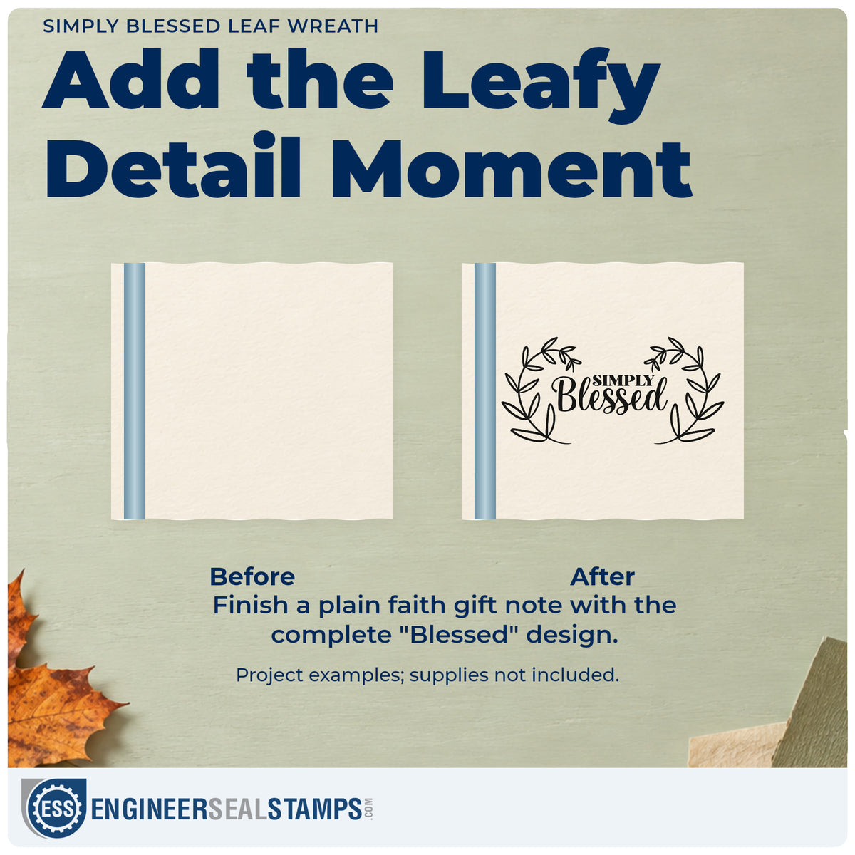 Before and after of a plain item finished with the Simply Blessed Leaf Wreath Leafy Branches Rubber Stamp – Duo Hand, a quick upgrade for hostess gift tags.