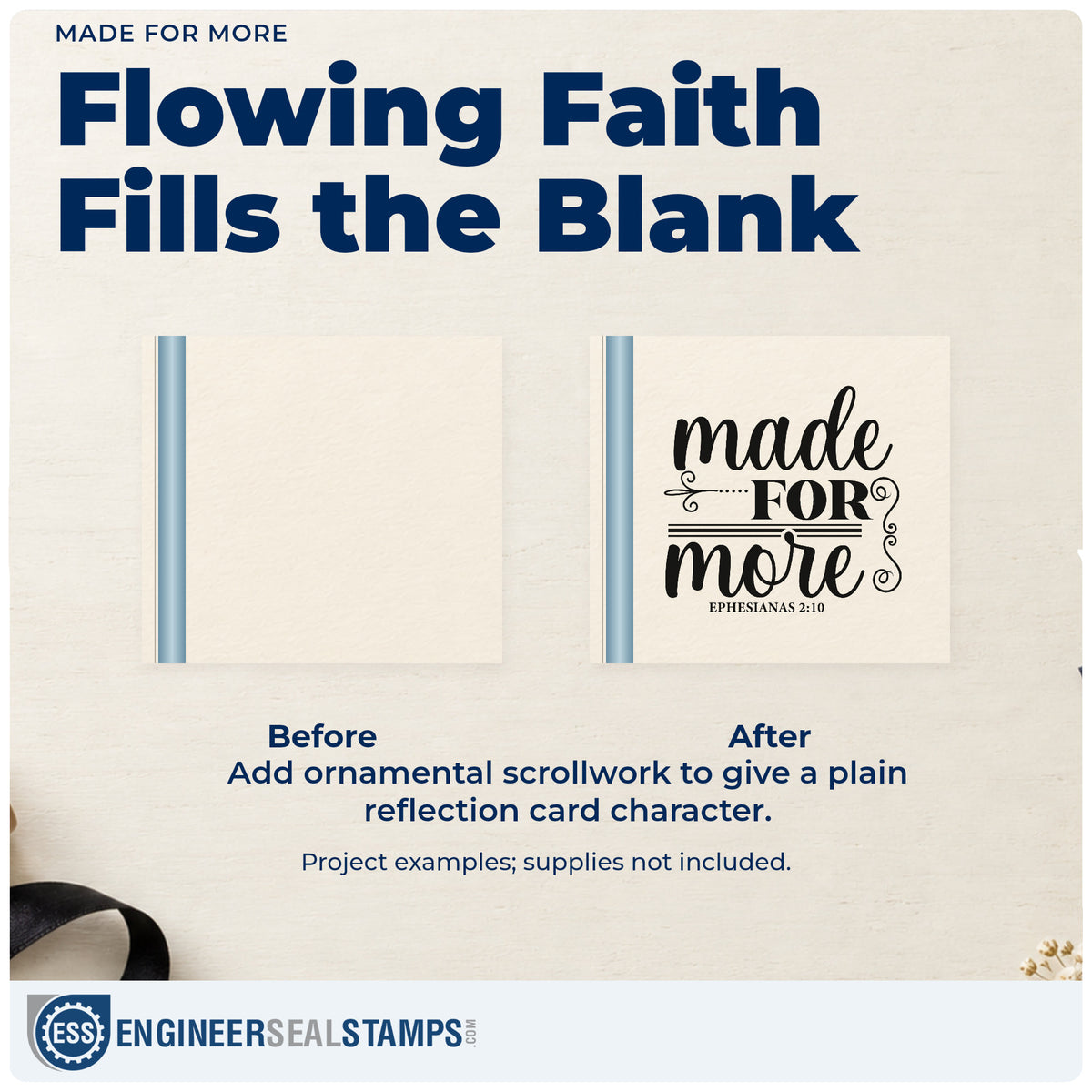 Before and after of a plain item finished with the Made For More Scrollwork Self-Inking Craft Stamp, a quick upgrade for youth camp tees.