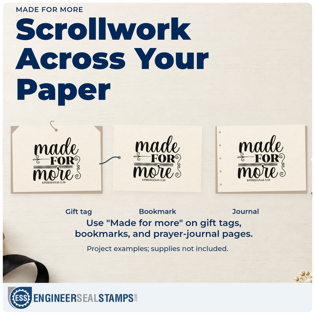Three project examples made with the Made For More Scrollwork Wood Handle Stamp, including dream pages.