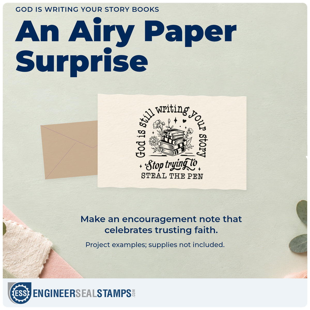 A finished handmade project stamped with the God Is Writing Your Story Books Floral Accents Slim Pre-Inked Stamp, ideal for writer gift tags.