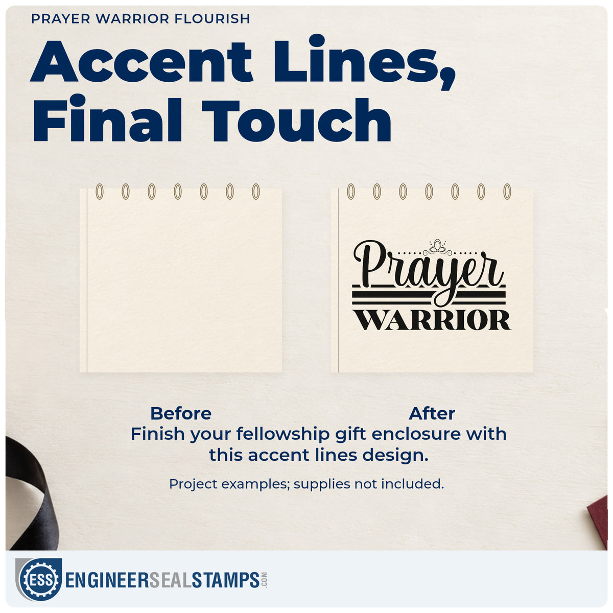 Before and after of a plain item finished with the Prayer Warrior Flourish Stamp – Self-Inking, a quick upgrade for hospital prayer cards.