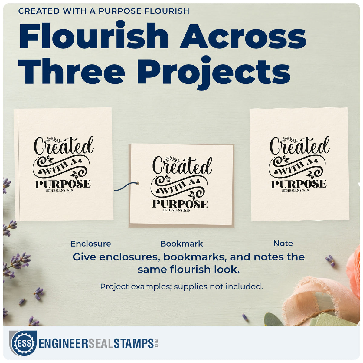 Three project examples made with the Created With A Purpose Flourish Detail Compact Pre-Inked Stamp – Slim, including portrait pages.