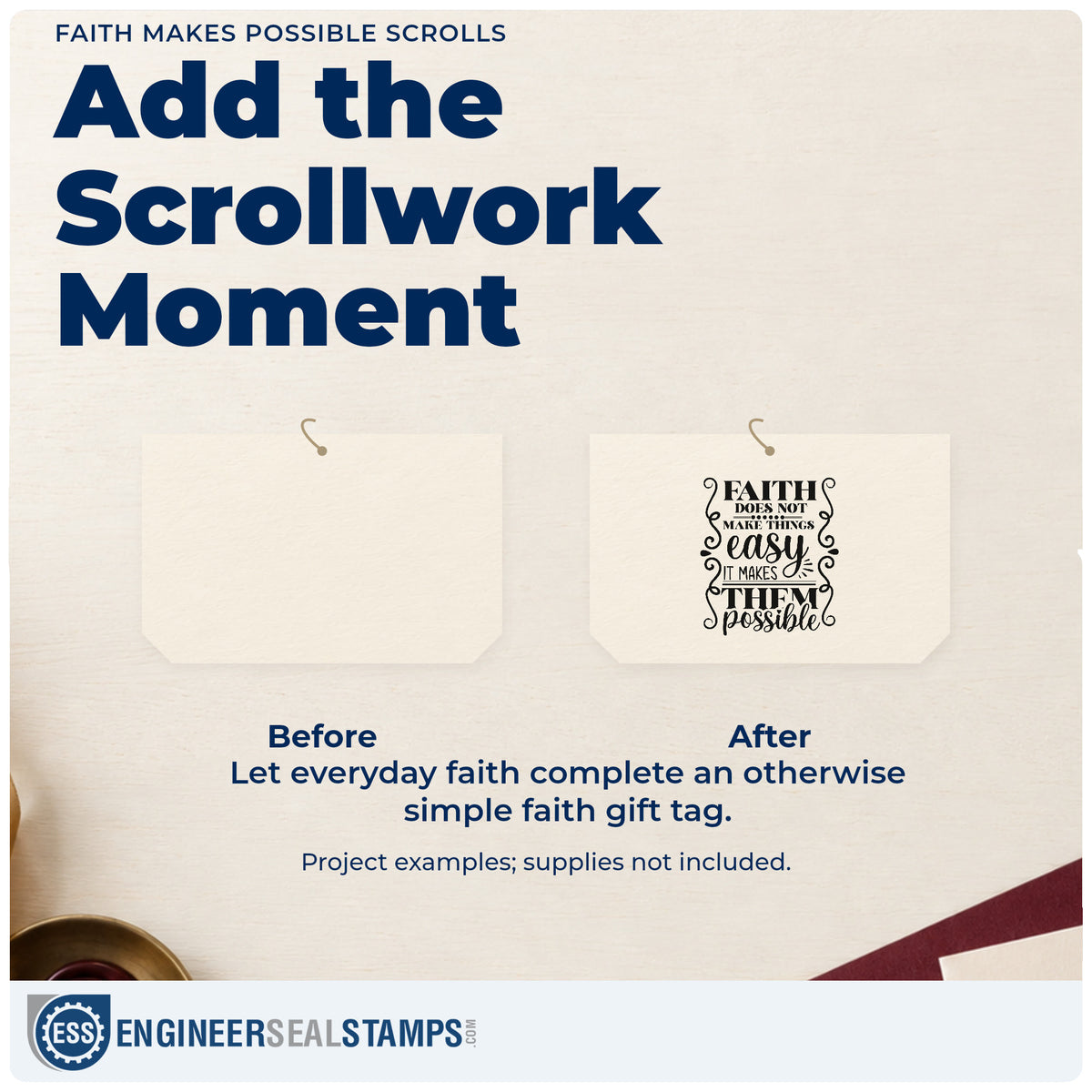 Before and after of a plain item finished with the PSI Pre-Inked Faith Makes Possible Scrolls Stamp, a quick upgrade for caregiver notes.