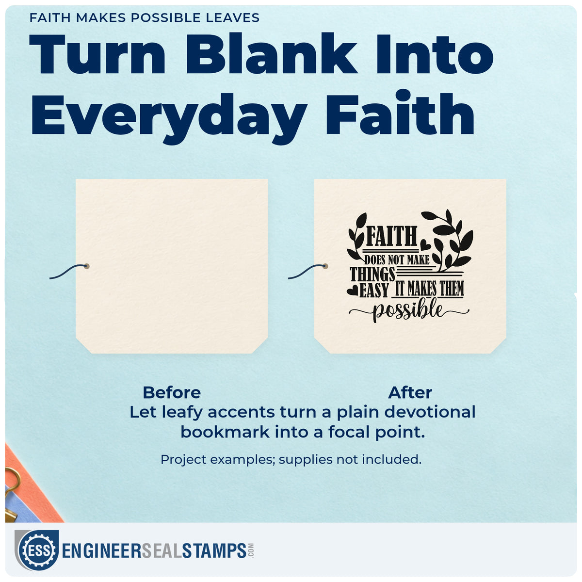 Before and after of a plain item finished with the Faith Does Not Make Things Easy, It Makes Them Possible With Hearts Rubber Stamp – Wood Handle, a quick upgrade for garden seed favors.