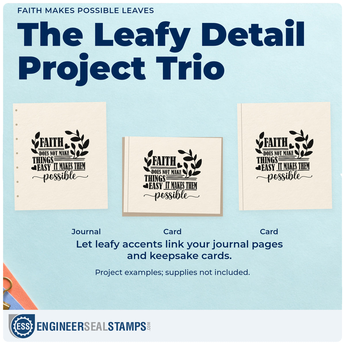 Three project examples made with the Faith Does Not Make Things Easy, It Makes Them Possible With Hearts Rubber Stamp – Wood Handle, including comeback pages.