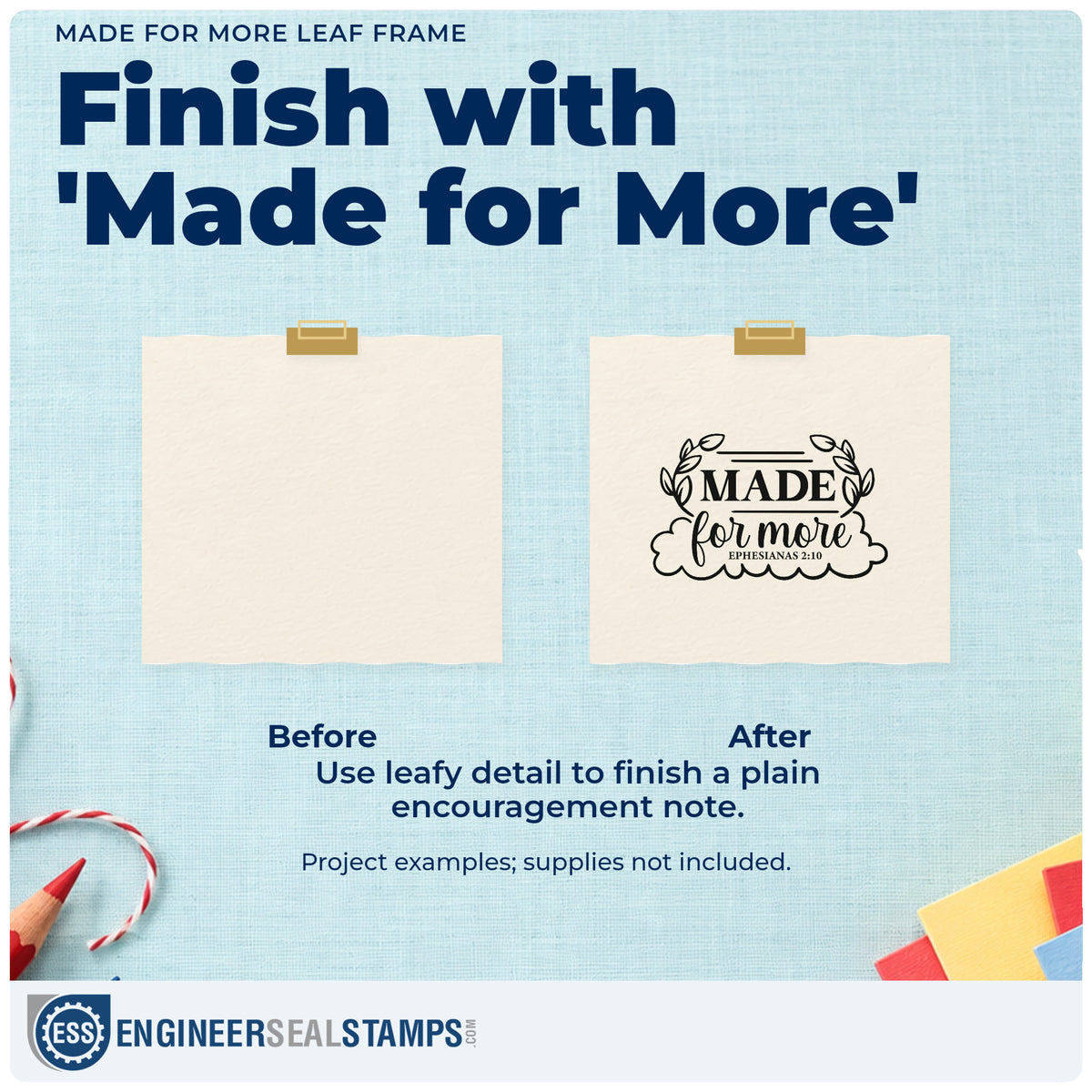Before and after of a plain item finished with the Made For More Leaf Framed Lettering Wood Handle Stamp, a quick upgrade for youth retreat tees.
