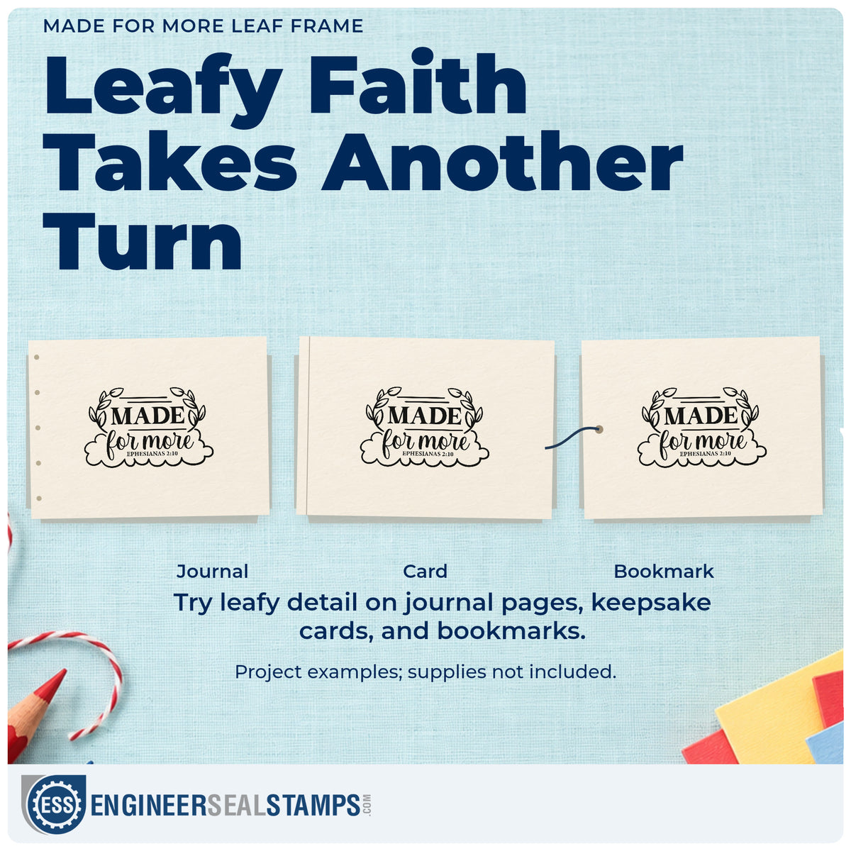 Three project examples made with the Made For More Leaf Framed Lettering Self-Inking Stamp, including growth pages.