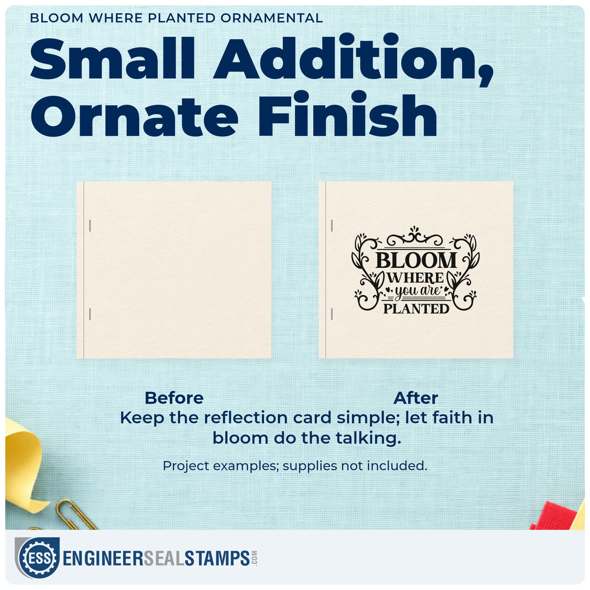 Before and after of a plain item finished with the Bloom Where Planted Ornamental Leaf Accents Pre-Inked Stamp – PSI, a quick upgrade for seed packet gifts.