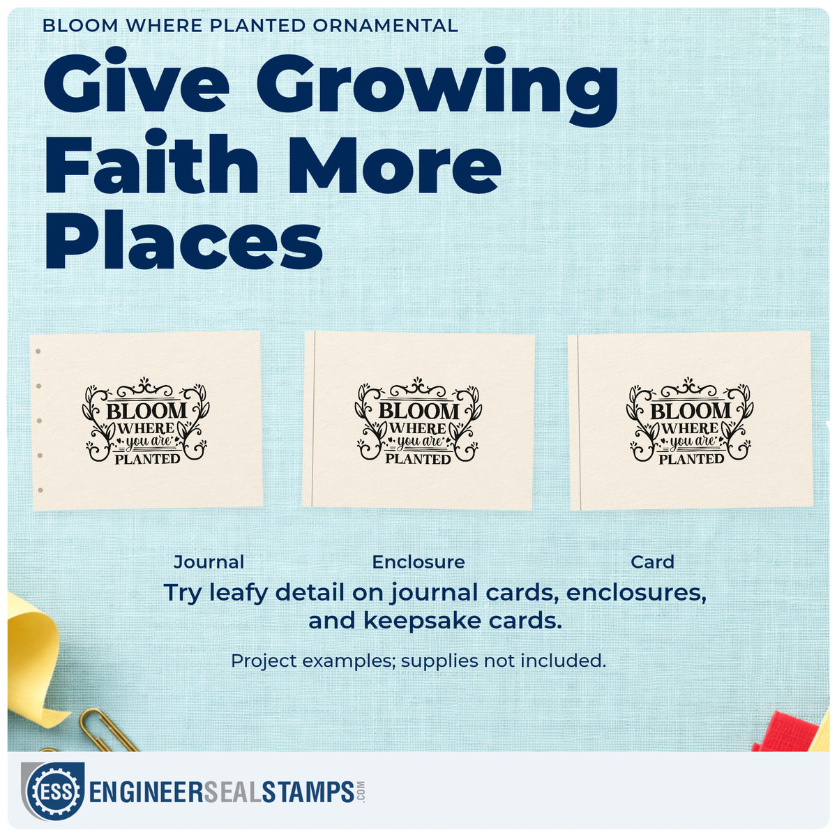 Three project examples made with the Slim Pre-Inked Bloom Where Planted Ornamental Leaf Accents Stamp, including new house pages.