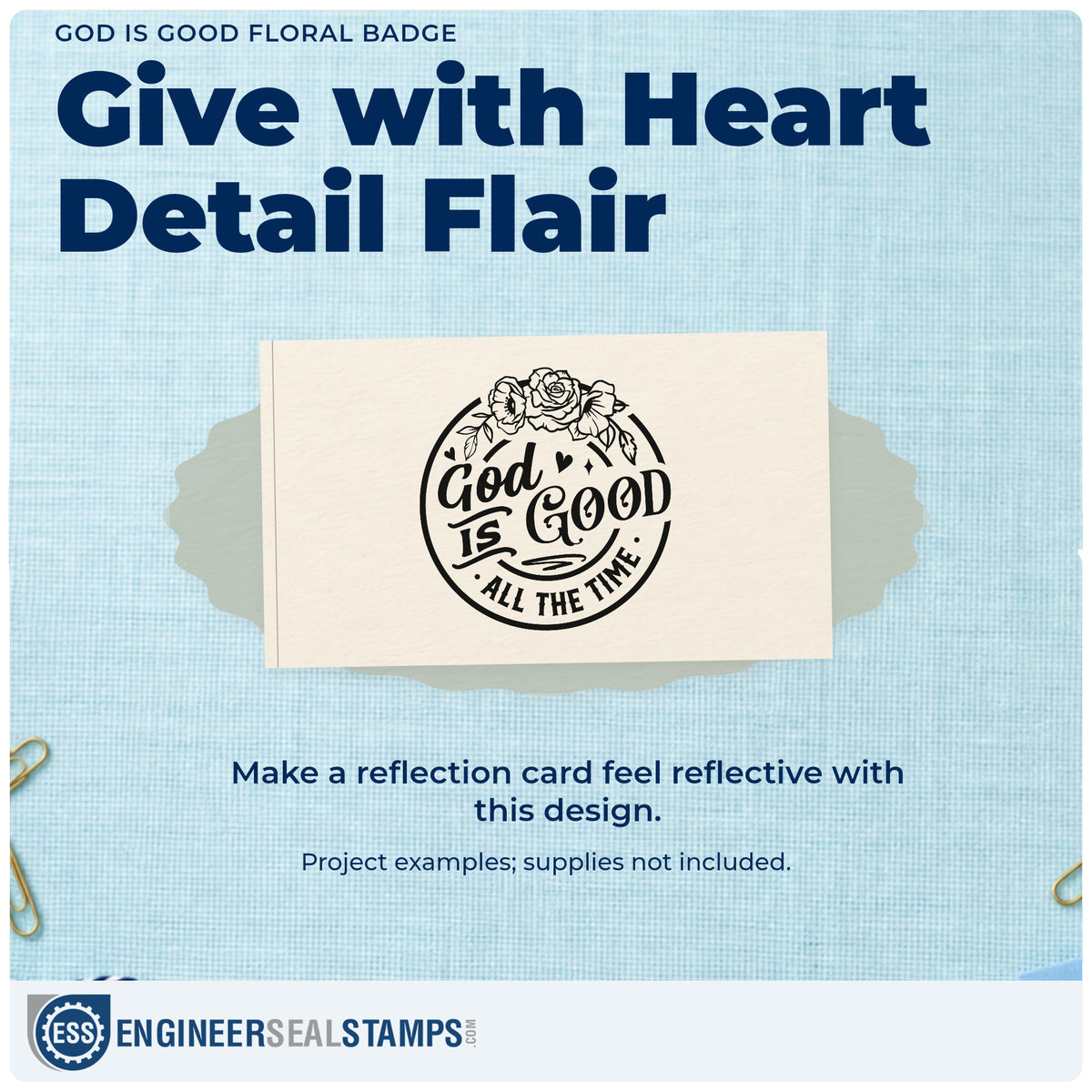 A finished handmade project stamped with the God Is Good Floral Badge Slim Pre-Inked Stamp, ideal for potluck labels.