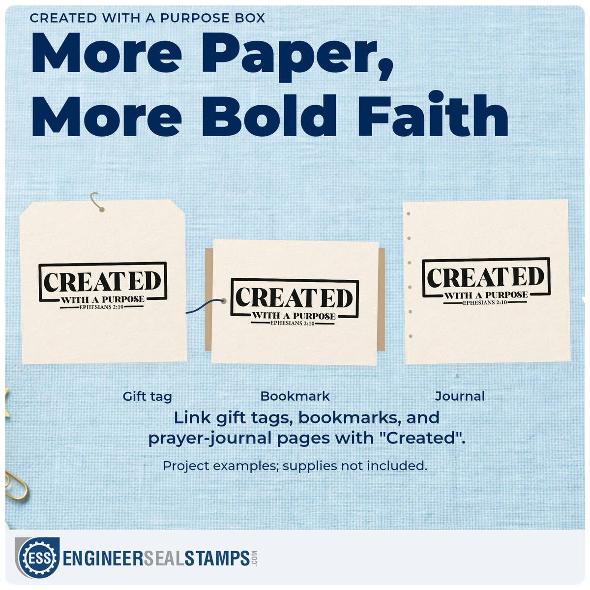 Three project examples made with the Created With A Purpose Box Hand Stamp – Duo, including identity pages.