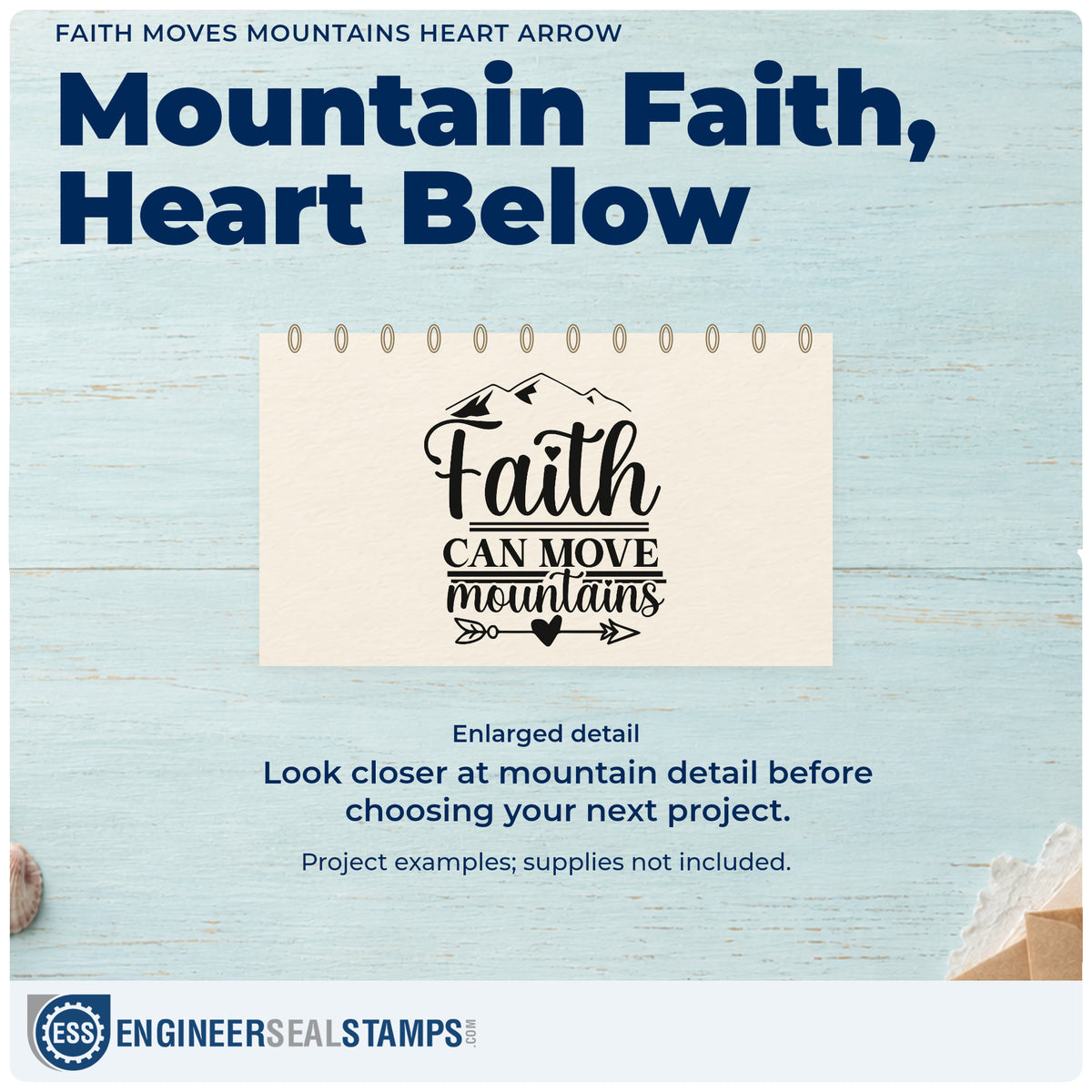 Enlarged detail of the Faith Moves Mountains Heart Arrow Self-Inking Stamp imprint. Mountain peaks top "Faith can move mountains," with a heart-centered arrow underneath.