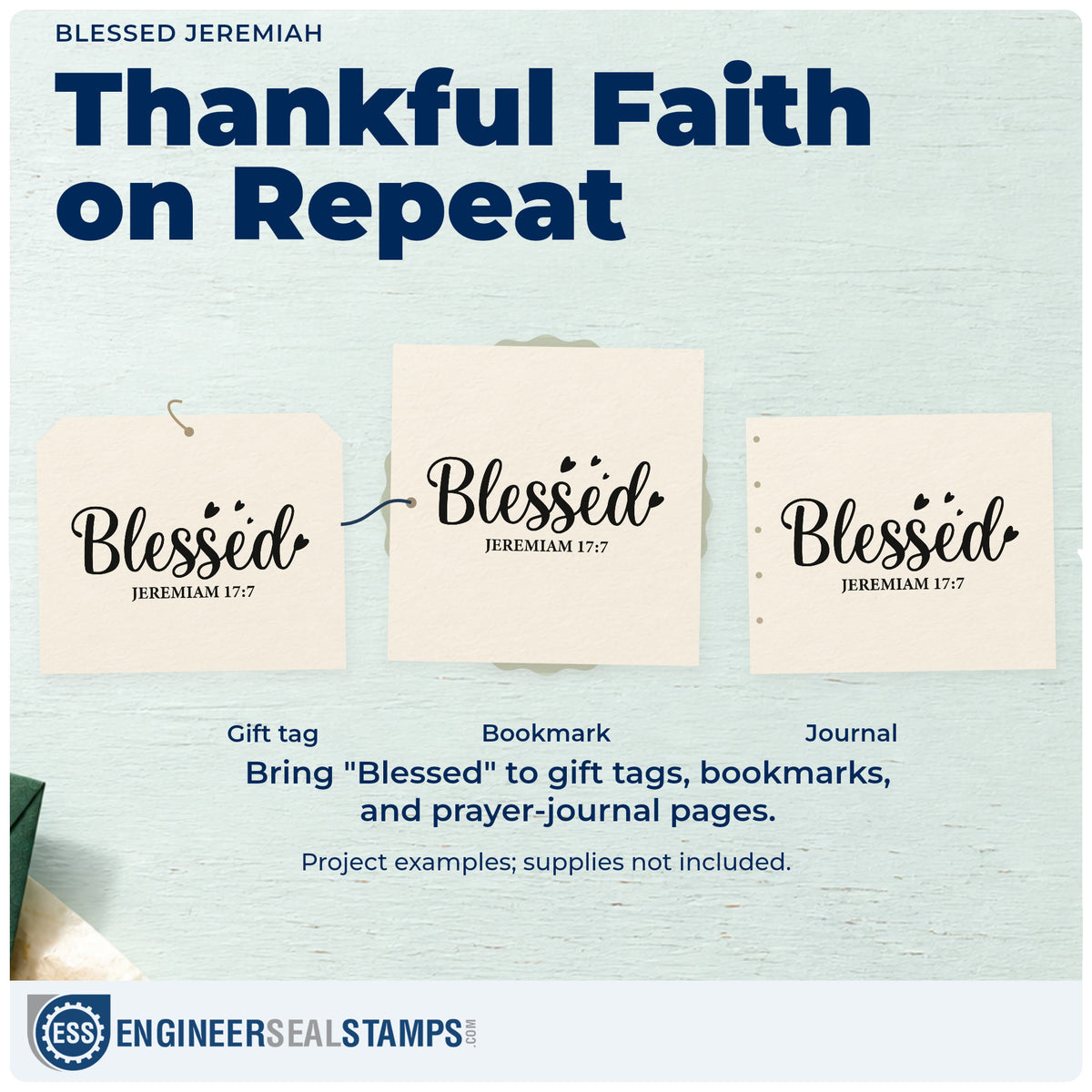 Three project examples made with the Premium Wooden Blessed Jeremiah With Hearts Stamp - Vintage Pro, including gratitude pages.