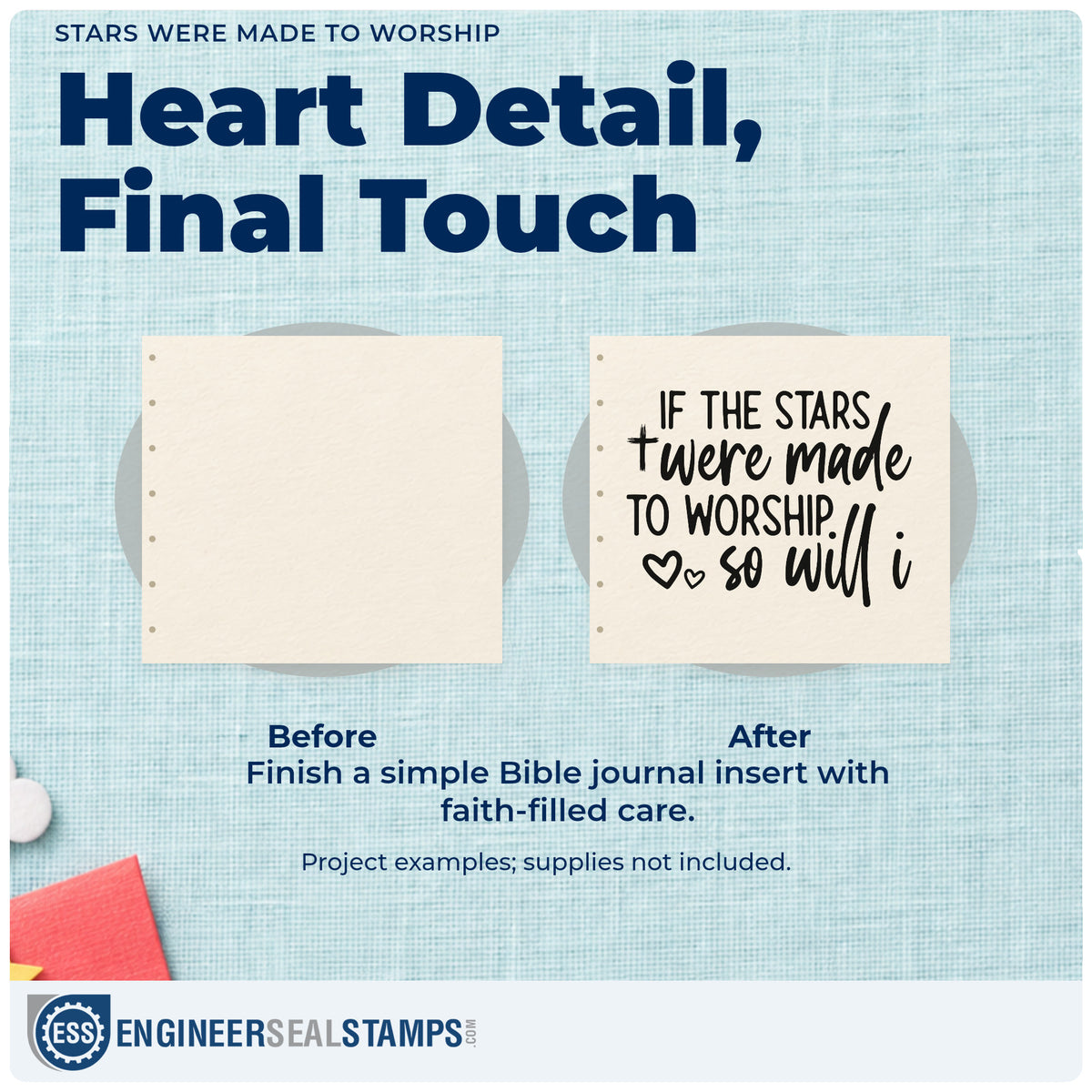 Before and after of a plain item finished with the Stars Were Made To Worship Slim Pre-Inked Stamp, a quick upgrade for space camp gifts.