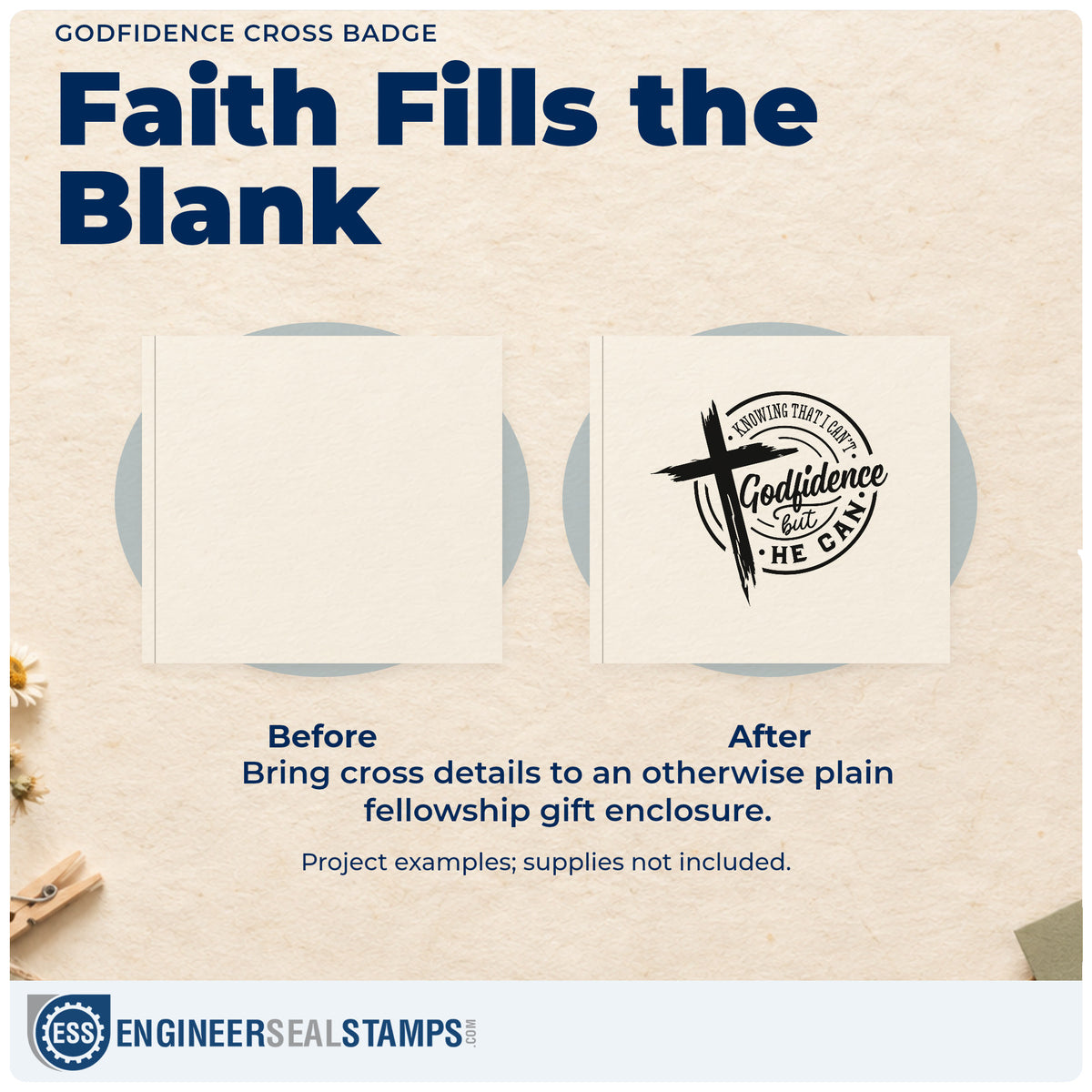 Before and after of a plain item finished with the Godfidence Cross Badge Premium Wood-Mounted Stamp - Vintage Pro, a quick upgrade for youth group tees.