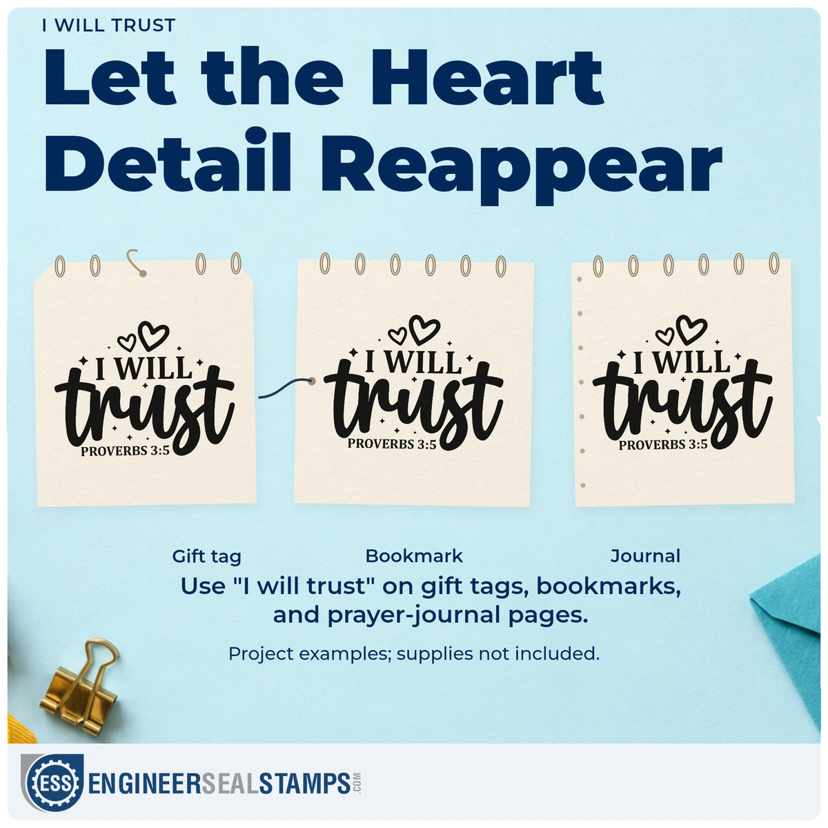 Three project examples made with the I Will Trust With Hearts Self-Inking Stamp, including crossroads pages.