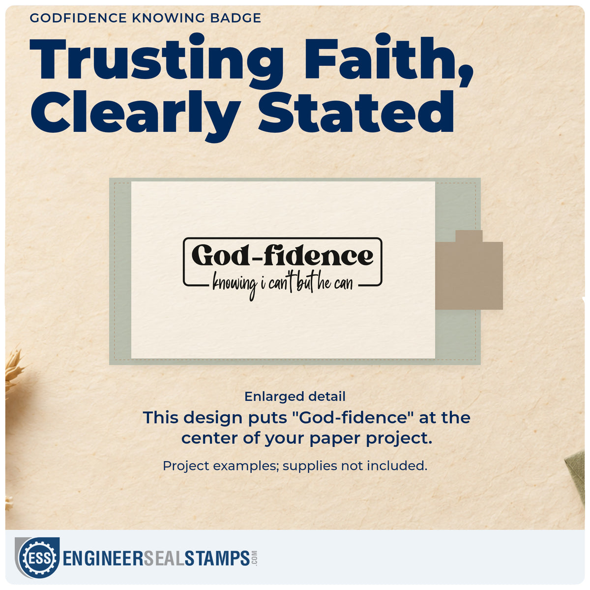 Enlarged detail of the Godfidence Knowing Emblem Self-Inking Stamp imprint. A rounded rectangular outline frames "God-fidence," with "Knowing I can't but he can" beneath.