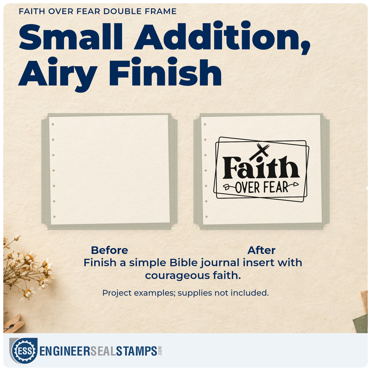 Before and after of a plain item finished with the Faith Over Fear Double Frame Stamp – Self-Inking, a quick upgrade for missionary gifts.