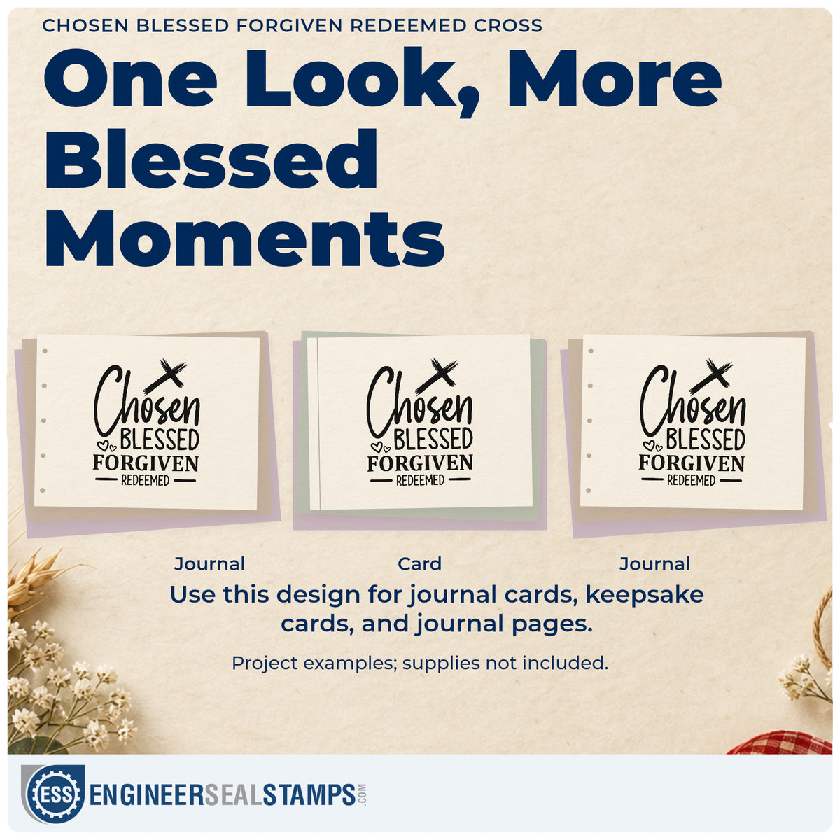 Three project examples made with the Self-Inking Chosen, Blessed, Forgiven, Redeemed Brushstroke Cross Stamp, including redemption pages.