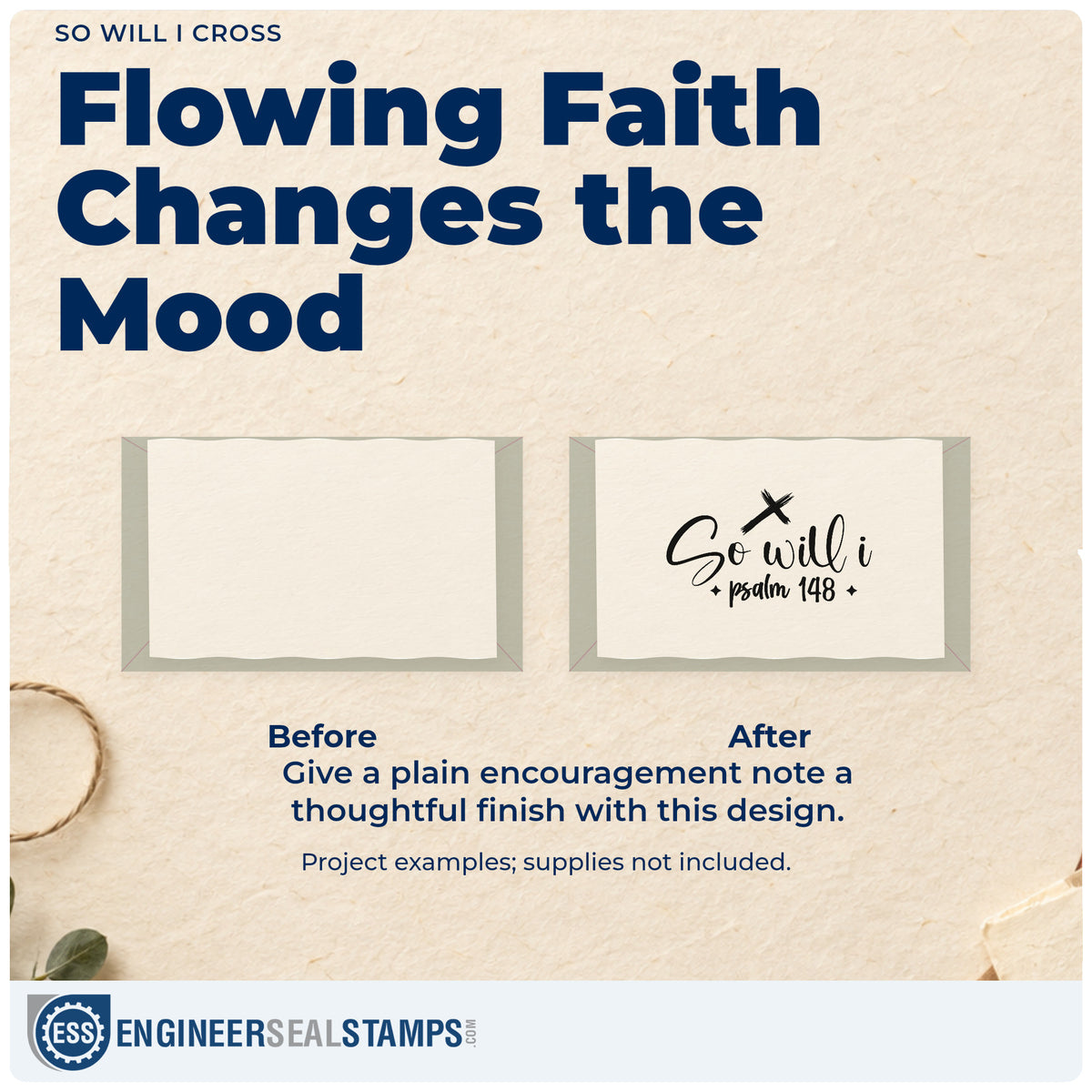 Before and after of a plain item finished with the So Will I Cross Hand Stamp – Duo, a quick upgrade for bookmark crafts.