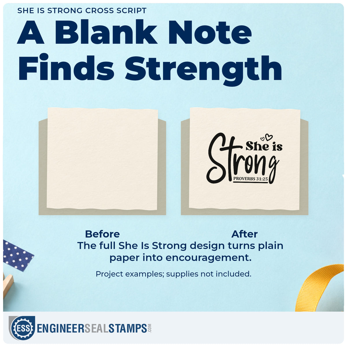Before and after of a plain item finished with the She Is Strong Cross Script Lettering Stamp - Premium Vintage Pro Wooden, a quick upgrade for women's retreat tees.