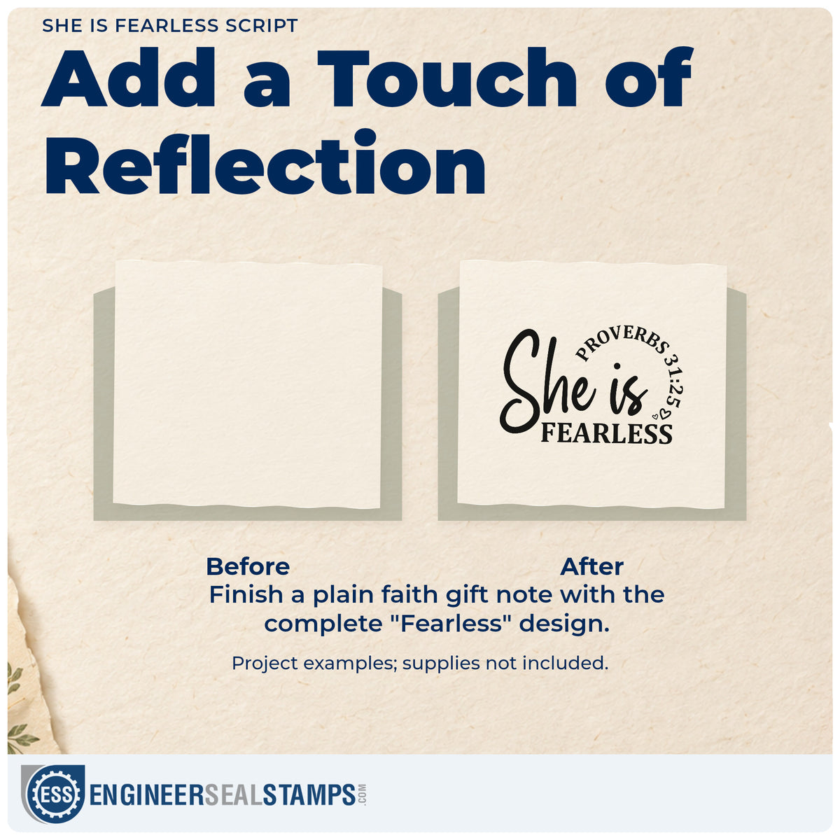 Before and after of a plain item finished with the Vintage Pro She Is Fearless Script Premium Wooden Stamp, a quick upgrade for solo hike gifts.