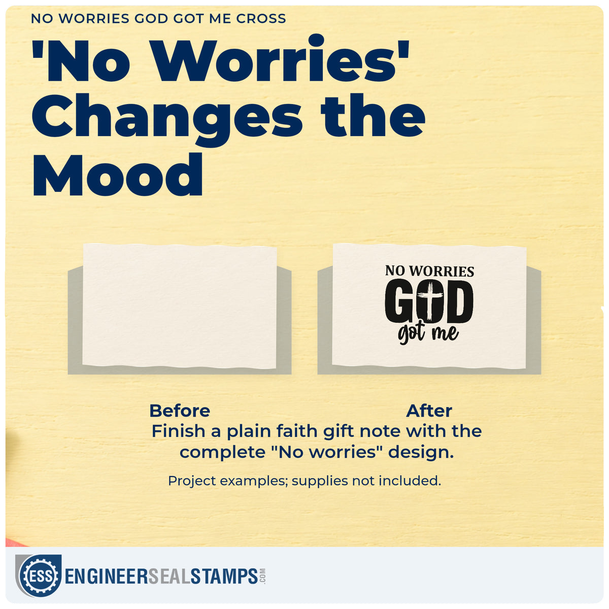 Before and after of a plain item finished with the God Got Me No Worries Cross Premium Wood-Mounted Stamp - Vintage Pro, a quick upgrade for teen driver gifts.