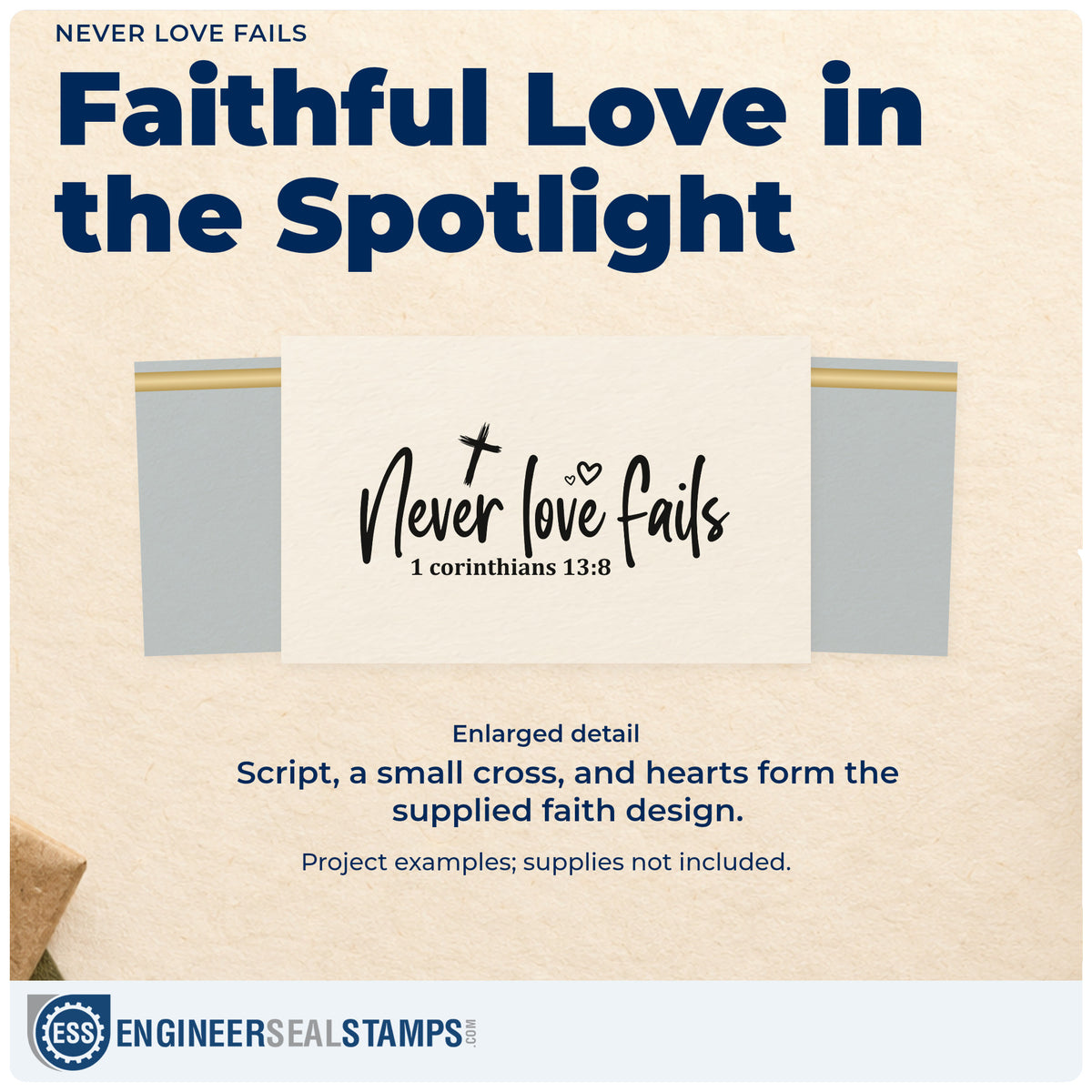 Enlarged detail of the Never Love Fails Scripture Word Art Rubber Stamp – Wood Handle imprint. The visible script reads "Never love fails," with a small cross, hearts, and 1 Corinthians 13:8 below.