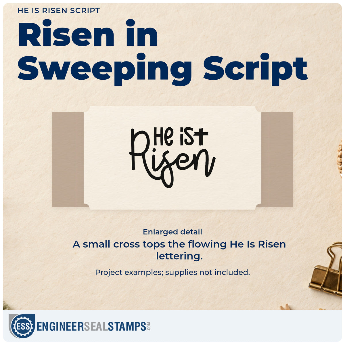 Enlarged detail of the He Is Risen Script Rubber Stamp – Duo Hand imprint. Large flowing "Risen" lettering sits beneath "He is" and a small cross.