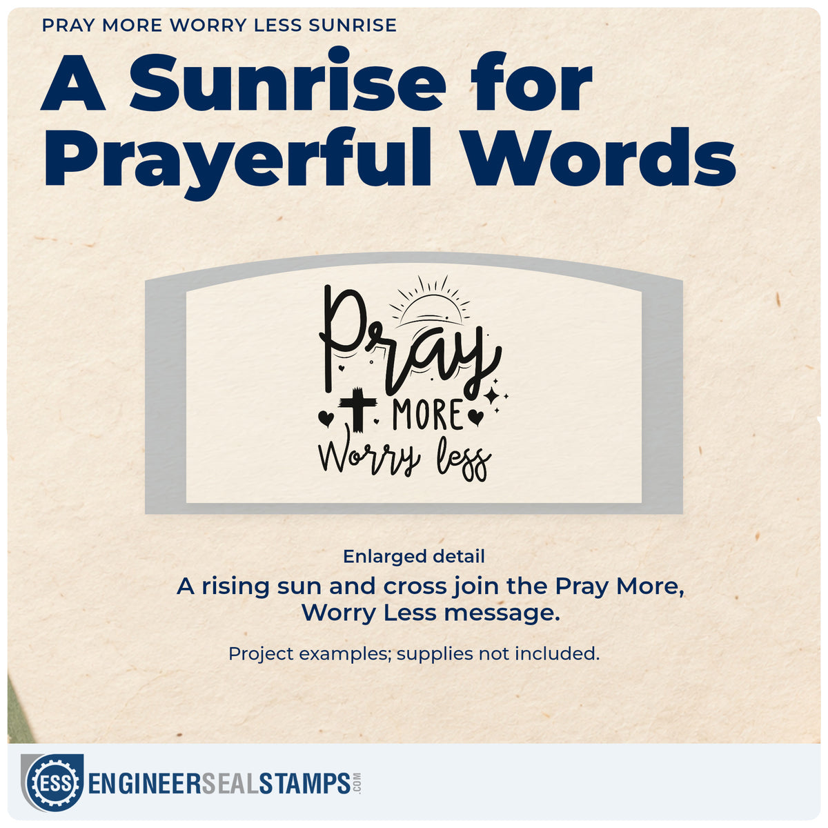 Enlarged detail of the Pray More Worry Less Sunrise With Cross Premium Wooden Stamp - Vintage Pro imprint. A rising sun, cross, hearts, and sparkles accent "Pray more, worry less."