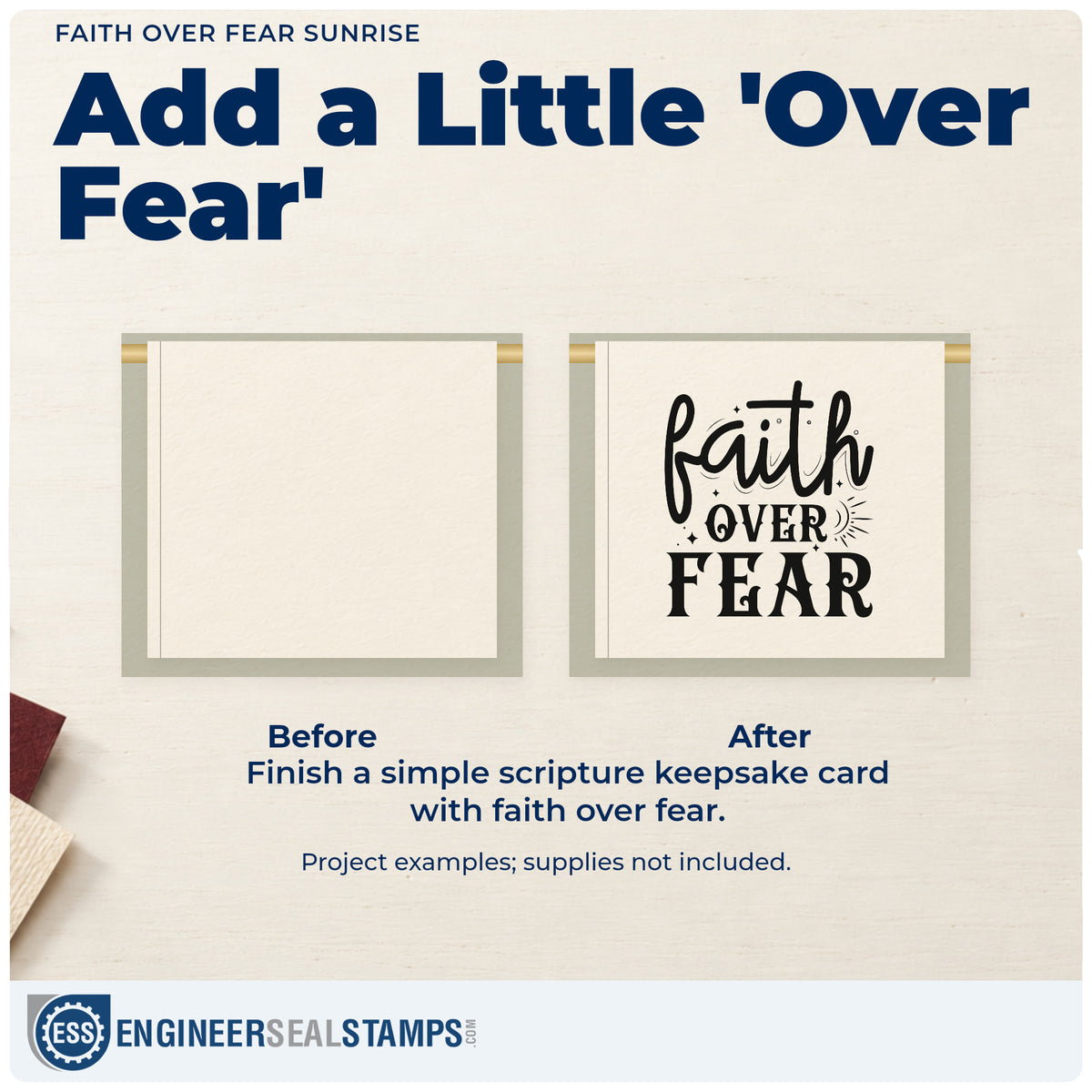 Before and after of a plain item finished with the Faith Over Fear Sunburst Rubber Stamp – Wood Handle, a quick upgrade for mission trip tags.