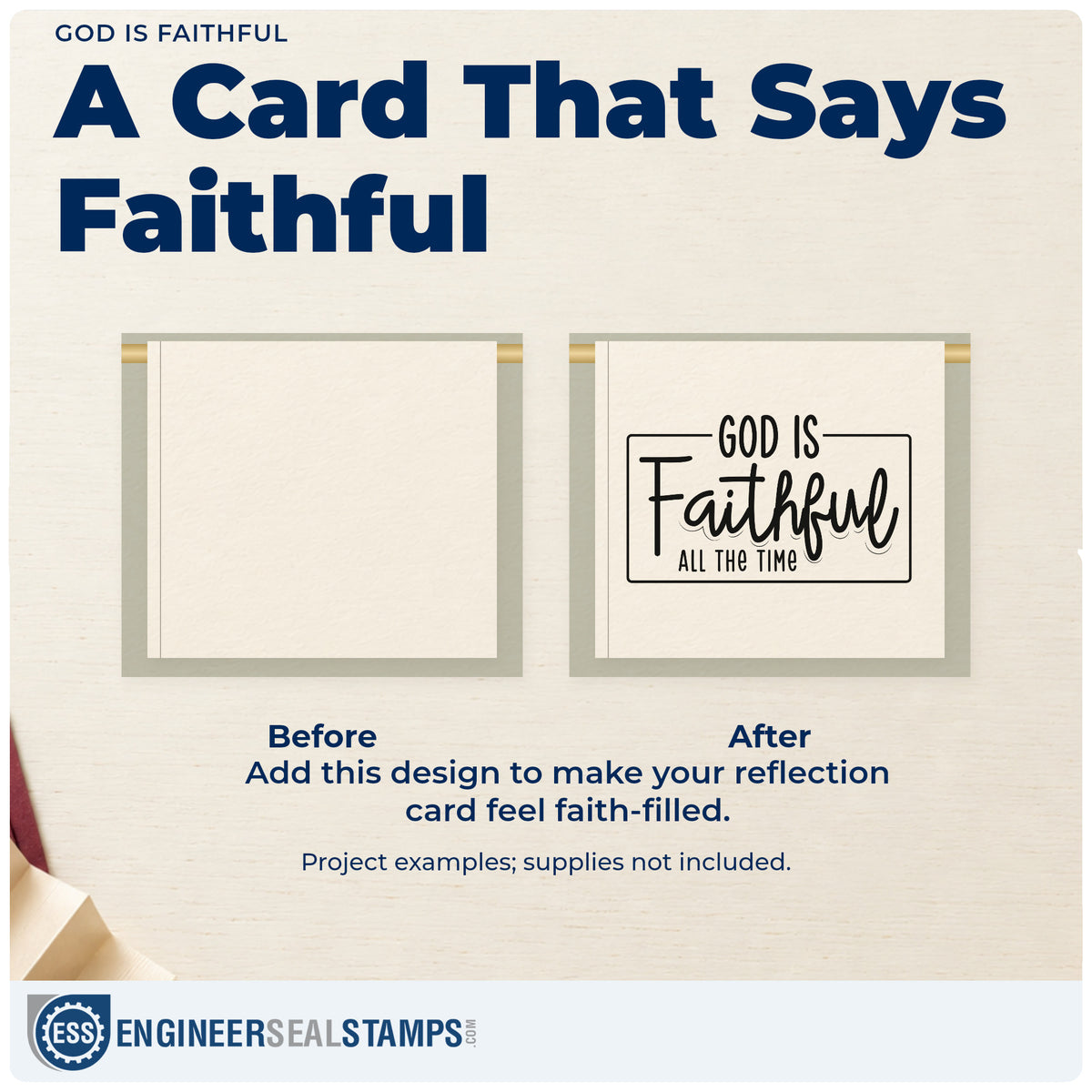 Before and after of a plain item finished with the God Is Faithful All The Time Pre-Inked Stamp – PSI, a quick upgrade for anniversary programs.