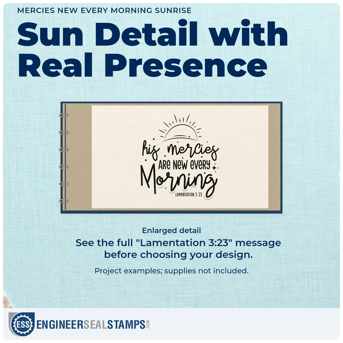 Enlarged detail of the Mercies New Every Morning Sunrise Pre-Inked Stamp – PSI imprint. A rising sun tops "His mercies are new every morning," with the printed reference "Lamentation 3:23."