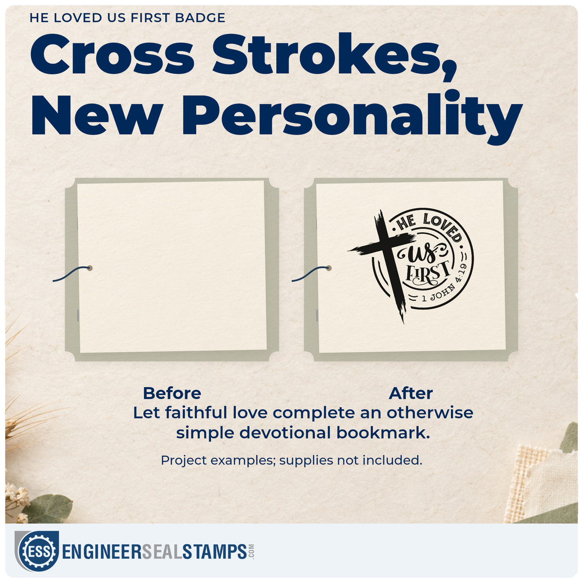 Before and after of a plain item finished with the He Loved Us First Emblem Rubber Stamp – Duo Hand, a quick upgrade for small group handouts.
