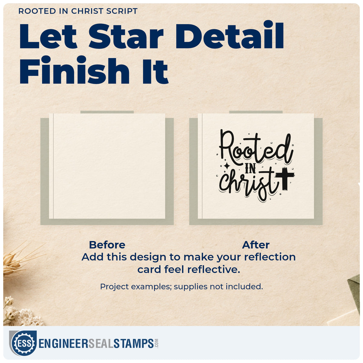 Before and after of a plain item finished with the Rooted In Christ Script Lettering Self-Inking Stamp, a quick upgrade for nursery shop seals.