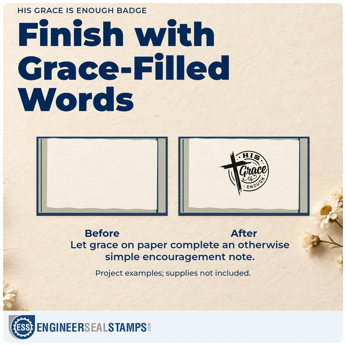 Before and after of a plain item finished with the PSI Pre-Inked His Grace Is Enough Badge Stamp, a quick upgrade for kraft envelope seals.