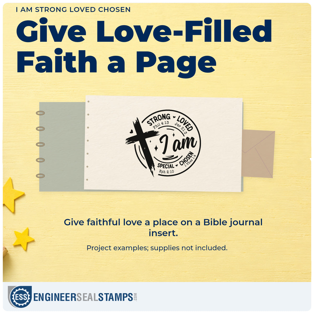 A finished handmade project stamped with the Duo Hand I Am Strong Loved Chosen Brushstroke Cross Rubber Stamp, ideal for affirmation gift tags.