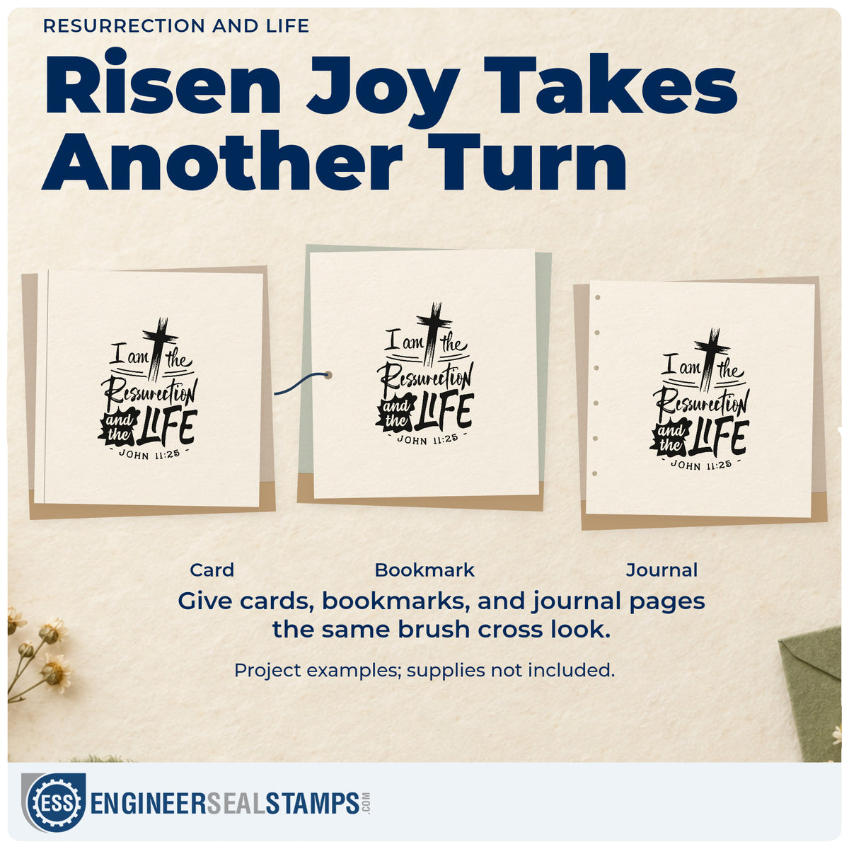 Three project examples made with the I Am The Resurrection And The Life Rubber Stamp – Wood Handle, including lily pot labels.
