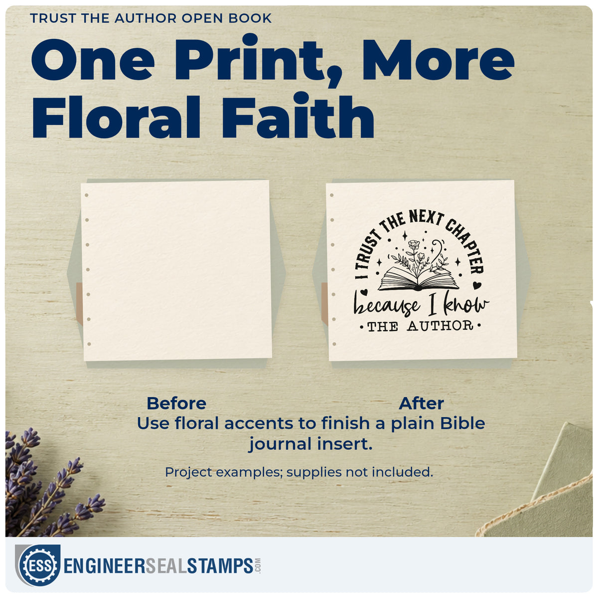Before and after of a plain item finished with the PSI Pre-Inked Trust The Author Open Book Stamp, a quick upgrade for bookshop wrap seals.