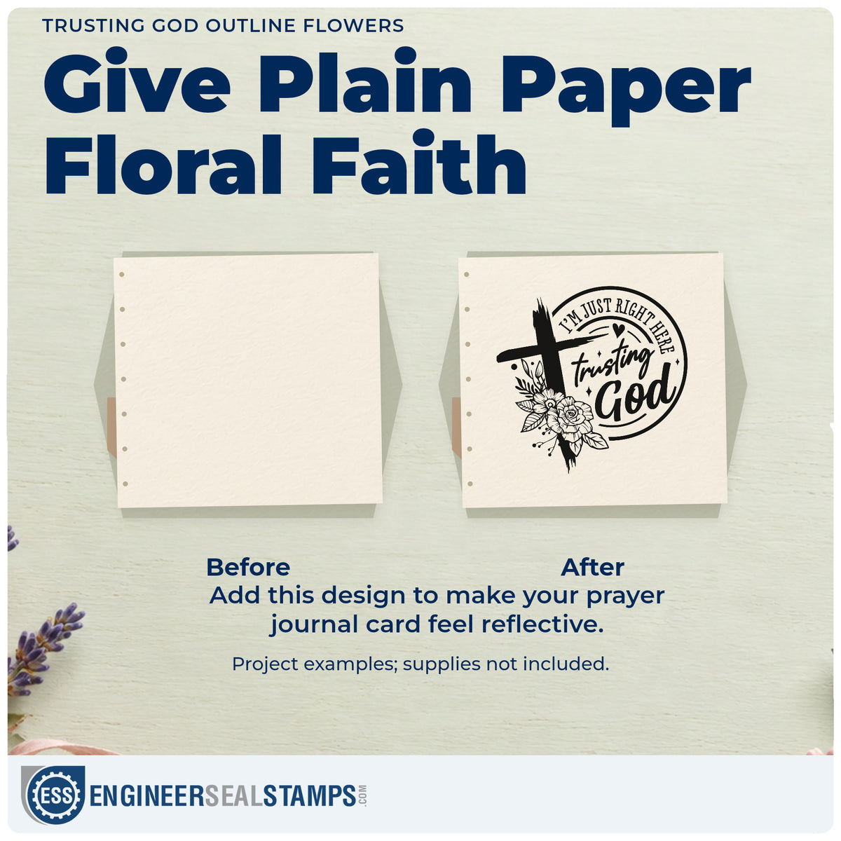 Before and after of a plain item finished with the Trusting God Outline Flowers Stamp - Premium Vintage Pro Wooden, a quick upgrade for garden apron pockets.