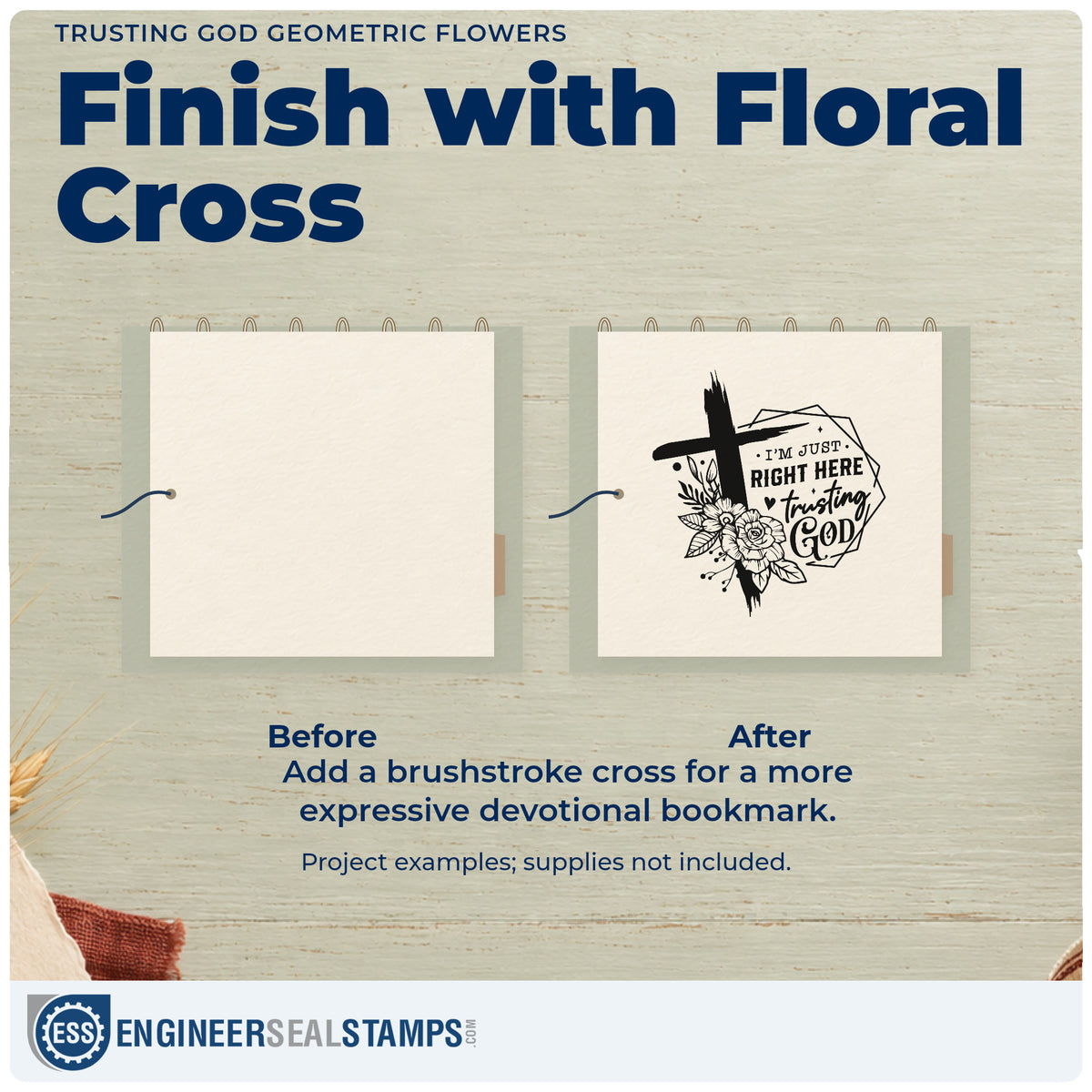 Before and after of a plain item finished with the Trusting God Geometric Flowers Brushstroke Cross Slim Pre-Inked Stamp, a quick upgrade for realtor closing gifts.