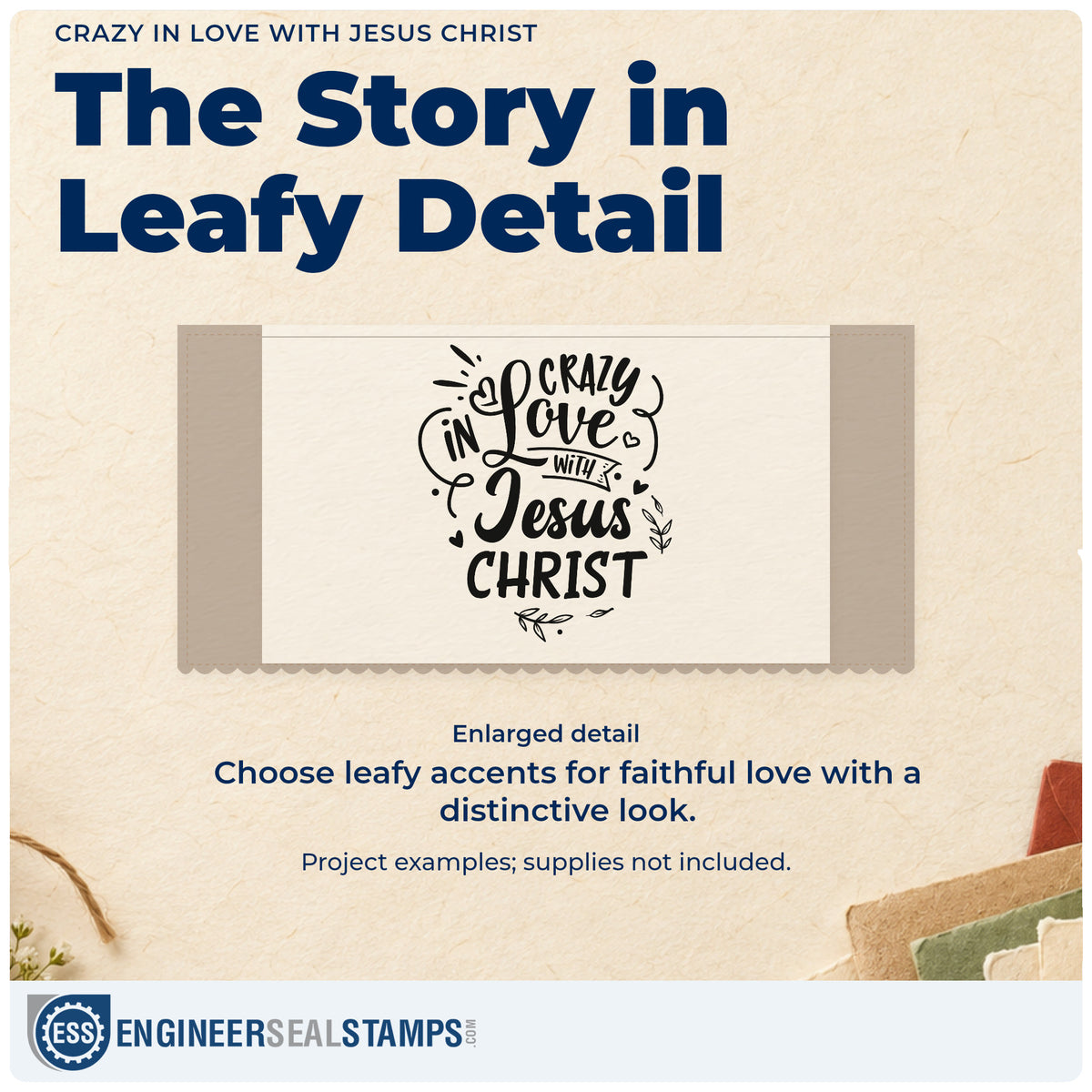 Enlarged detail of the Crazy In Love With Jesus Christ Leaf Accents Stamp - Premium Vintage Pro Wooden imprint. Hearts, leaves, and a small ribbon accent "Crazy in love with Jesus Christ."