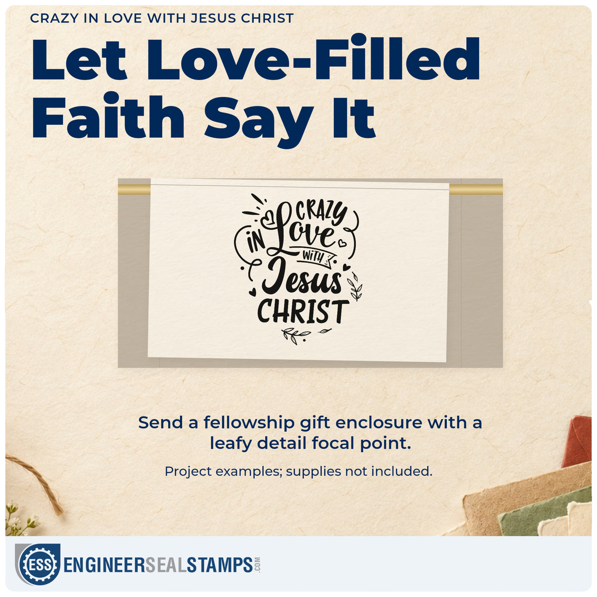 A finished handmade project stamped with the Crazy In Love With Jesus Christ Leaf Accents Self-Inking Stamp, ideal for valentine class tags.