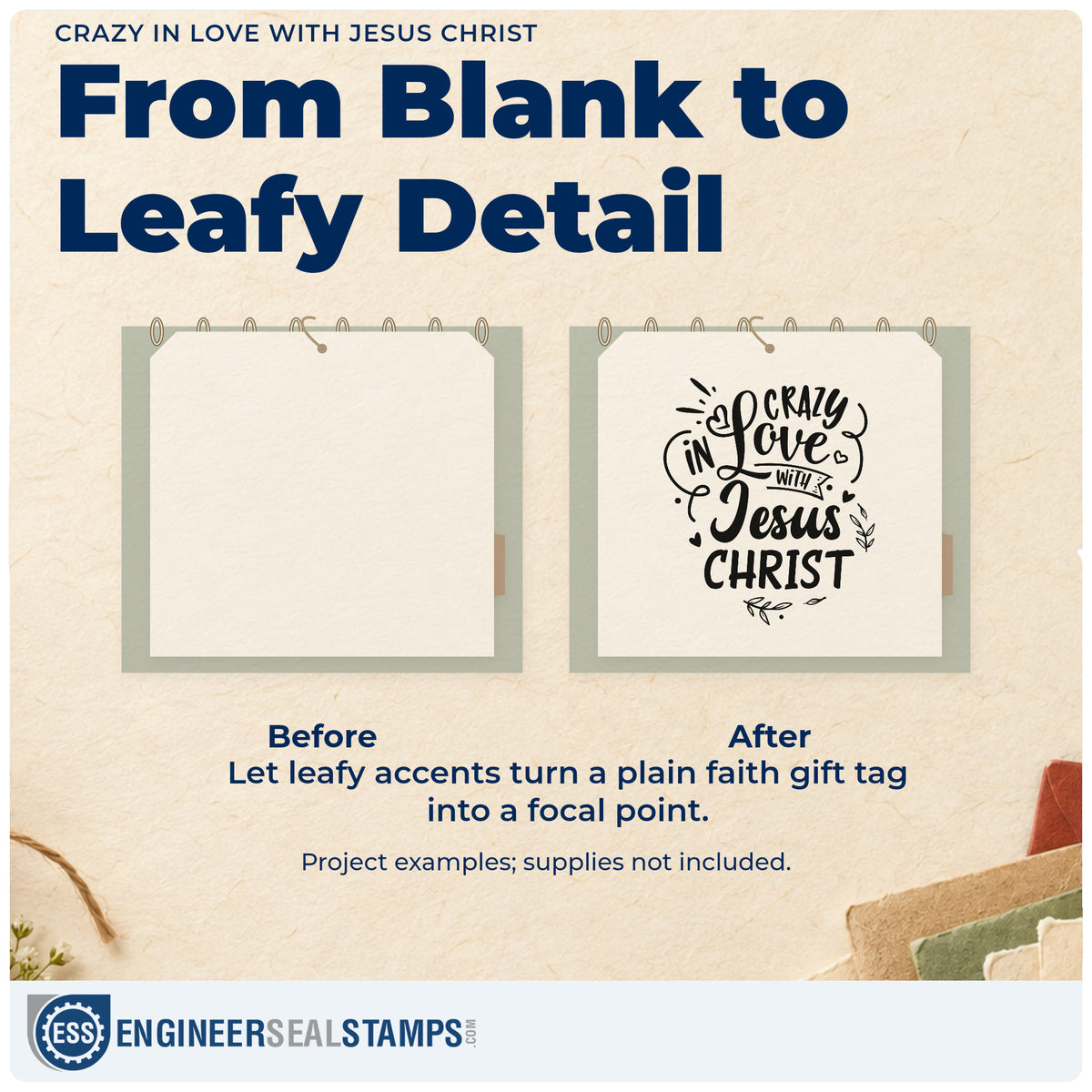 Before and after of a plain item finished with the Crazy In Love With Jesus Christ Leaf Accents Slim Pre-Inked Stamp, a quick upgrade for bakery box seals.
