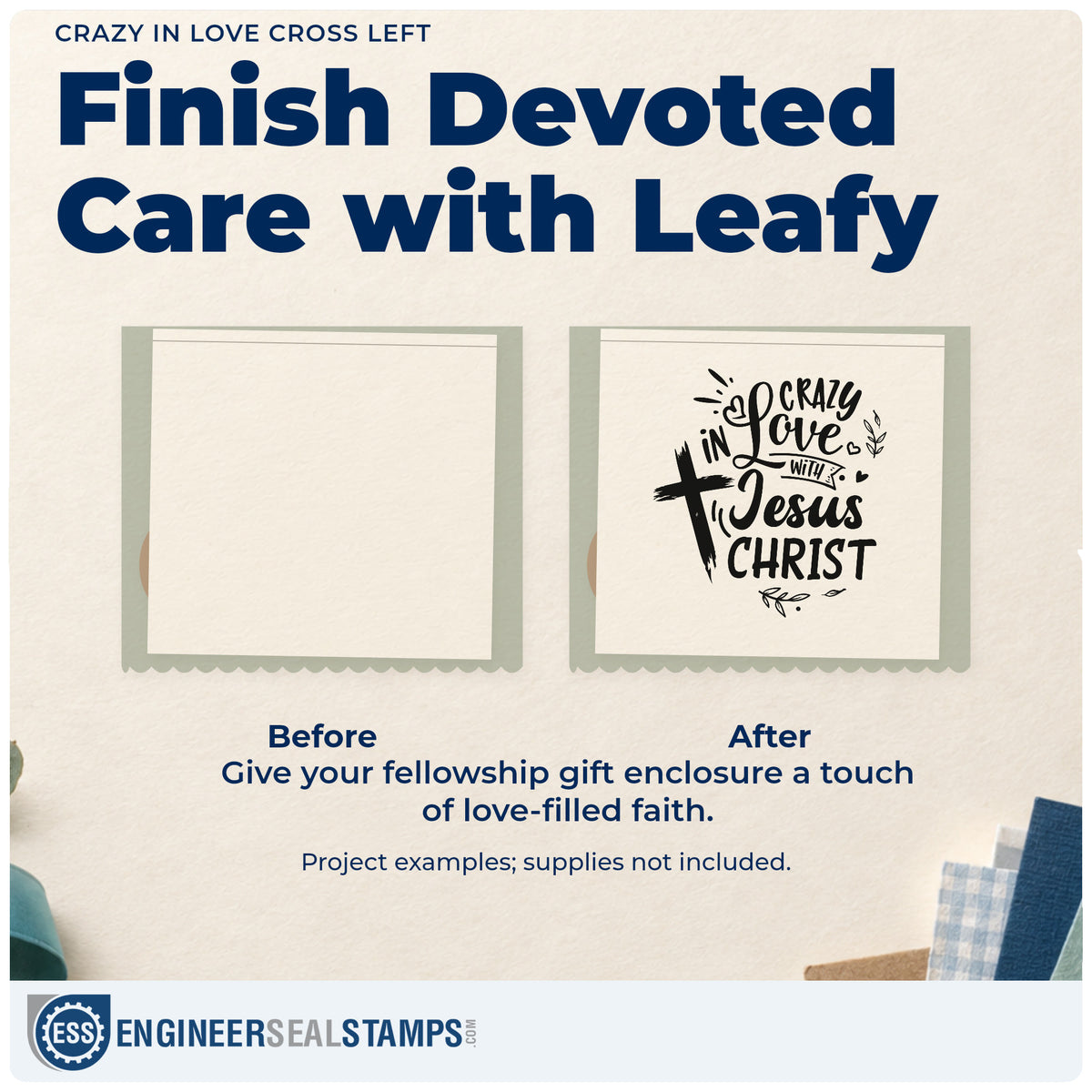 Before and after of a plain item finished with the Crazy In Love Cross Left Leaf Accents Compact Pre-Inked Stamp – Slim, a quick upgrade for kraft bag stencils.